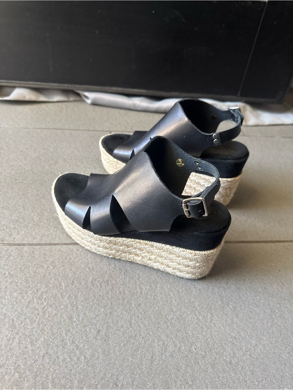 Fabrizio Chini Black Leather Espadrille Platform Wedge Sandals Size 37 / US 6.5